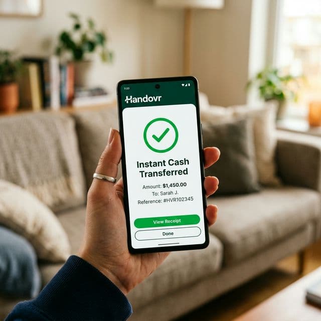 Handovr app showing instant cash transferred